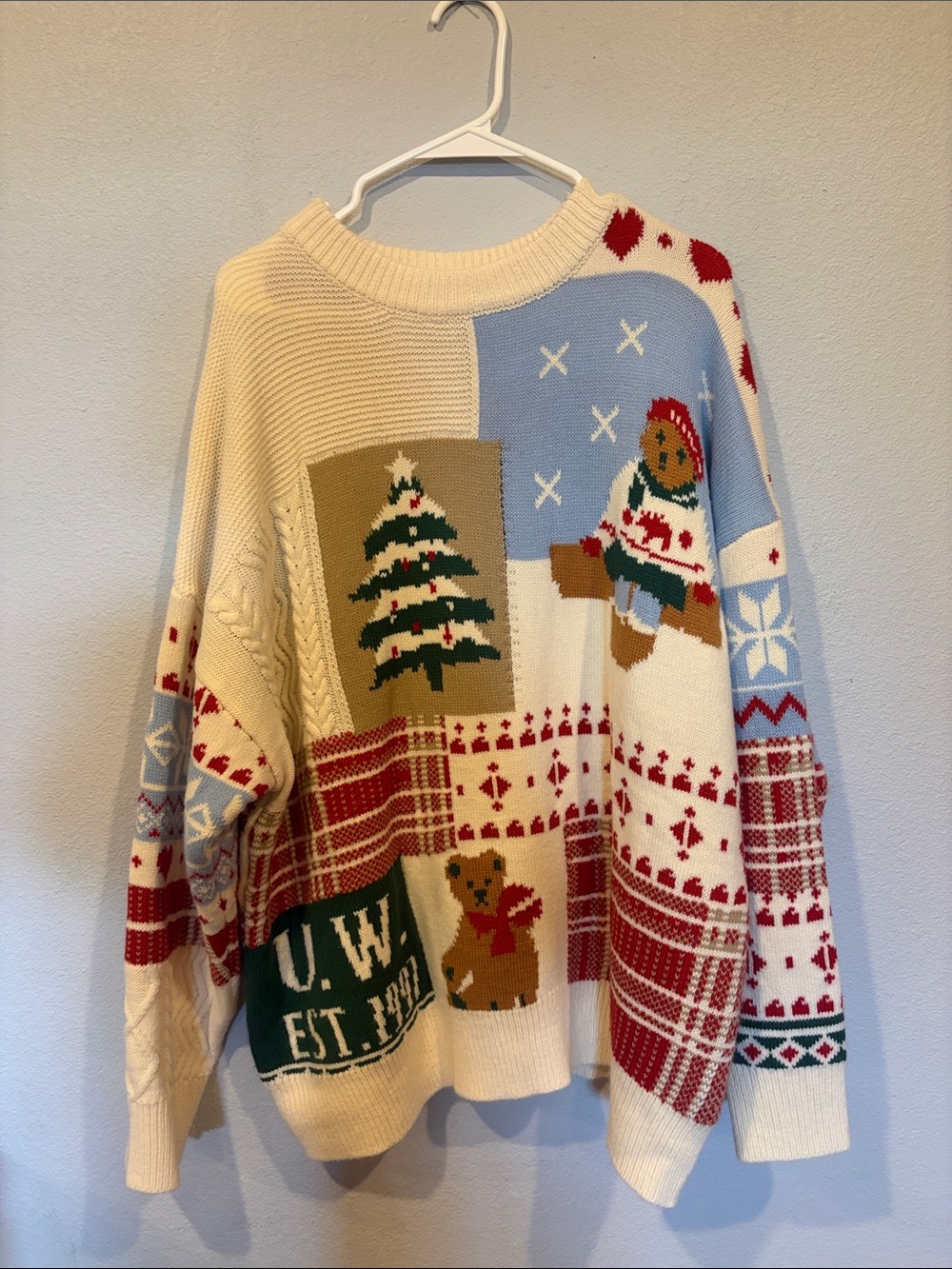 Cider Cute XL Holiday Patchwork Knit Sweater with Tree & Bears